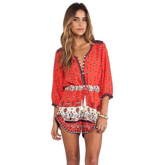 Spell Desert Wanderer Boho Playsuit Sunset Red Print Size 8 - Picture 1 of 10